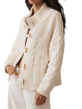 Anthropologie Pilcro Chunky Cable Knit Toggle Cardigan Sweater in Ivory Size M